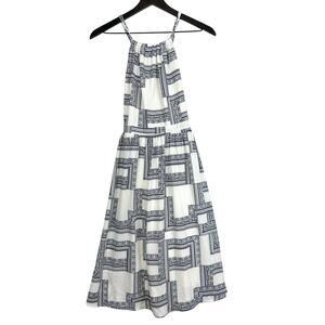 Storee Polyester Midi White Navy Blue Dress - Size S